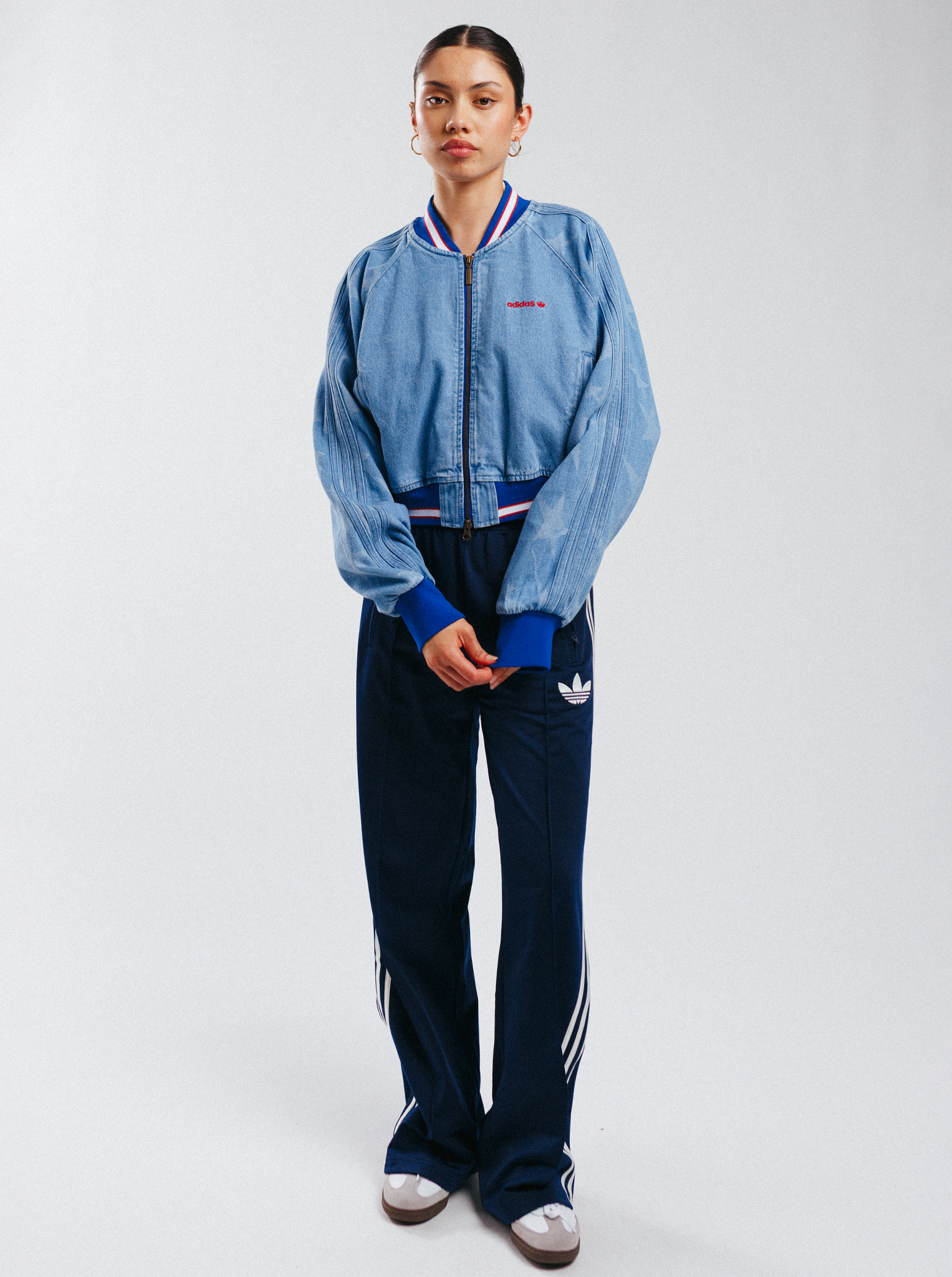 Shop adidas Denim Graphic Varsity Bomber Jacket | Stirling Sports NZ