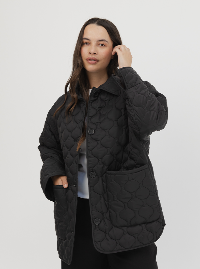 Collared Quilted Jacket in Black
