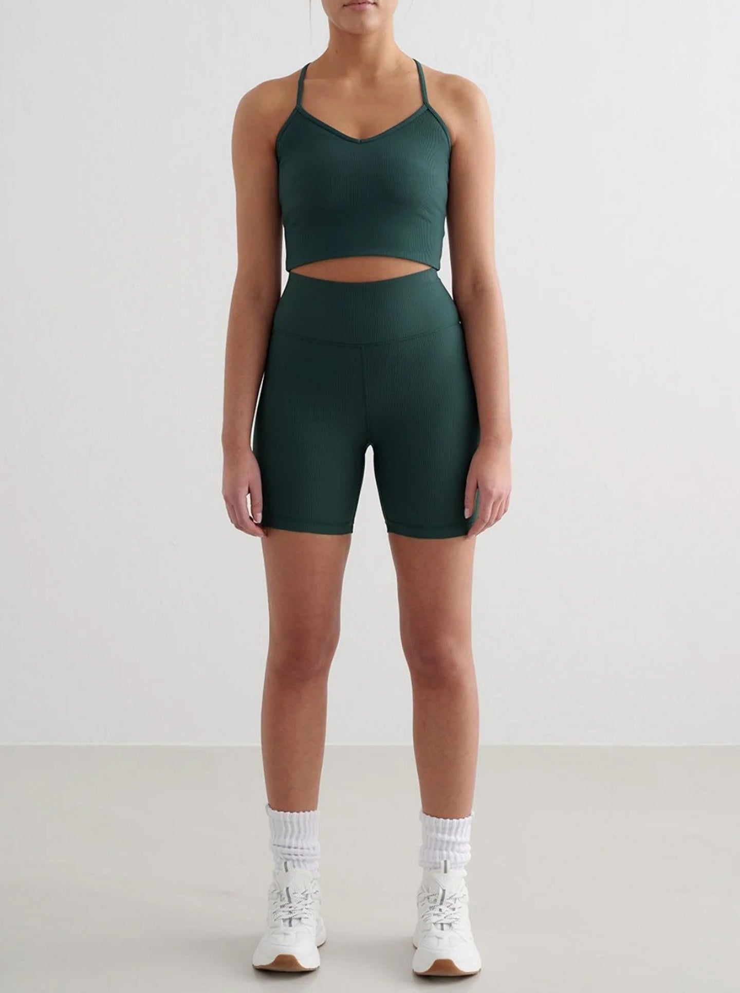 Deep Emerald Ribbed Performance Midi Biker Shorts