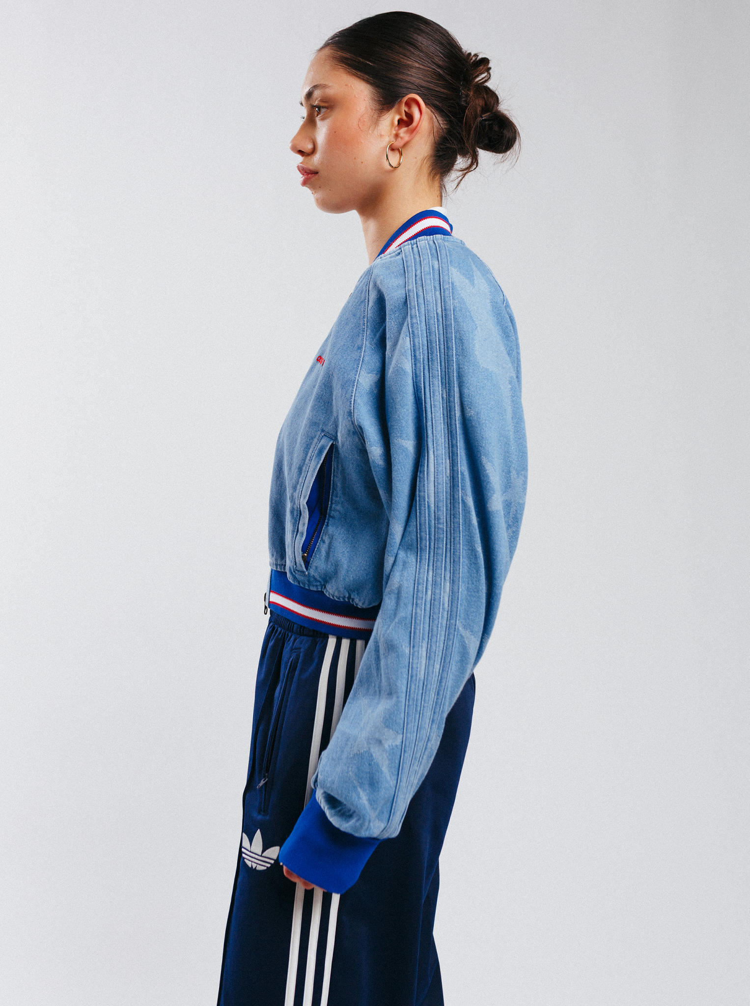 Denim Graphic Varsity Bomber Jacket