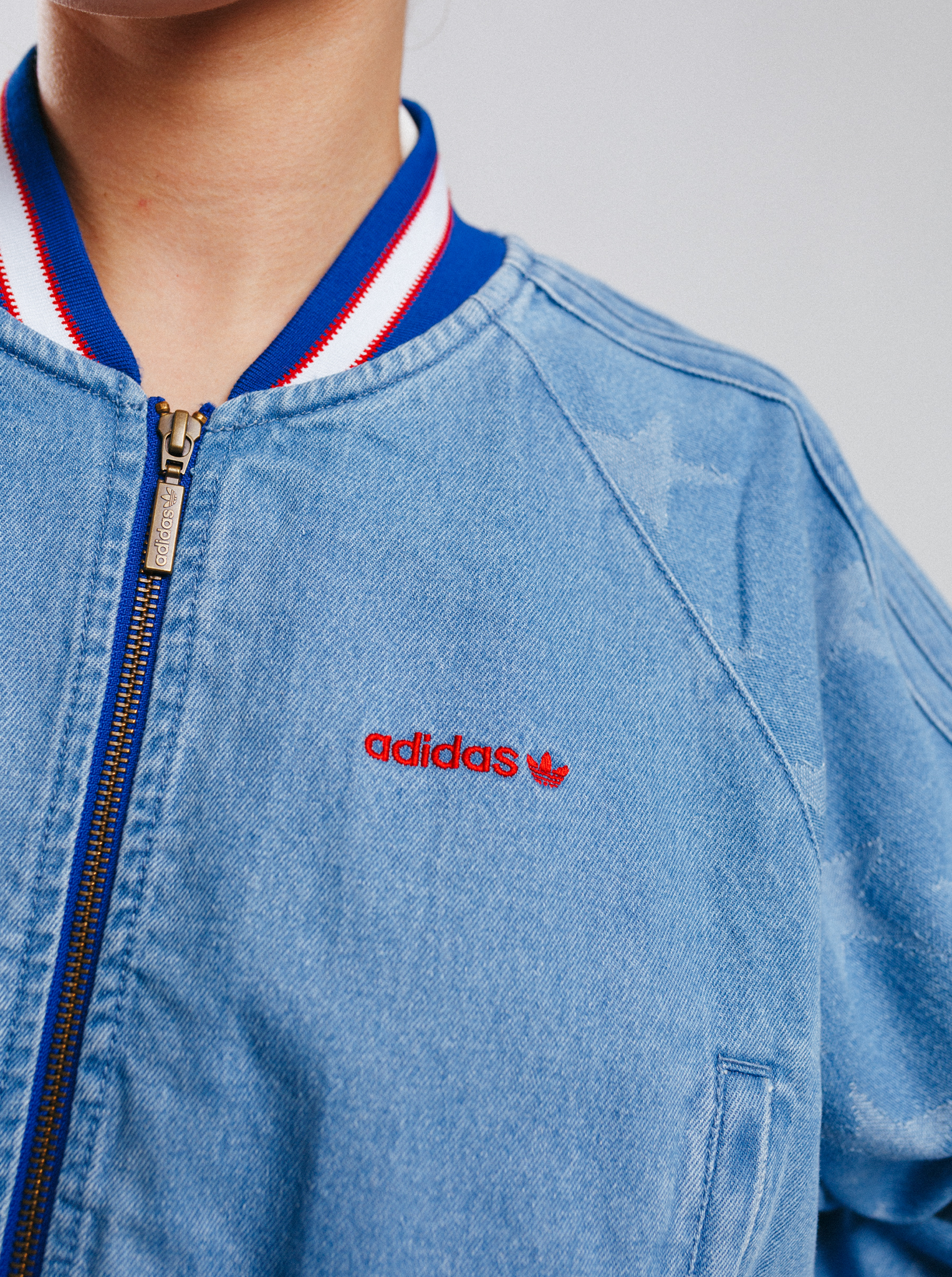 Denim Graphic Varsity Bomber Jacket