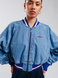 Denim Graphic Varsity Bomber Jacket