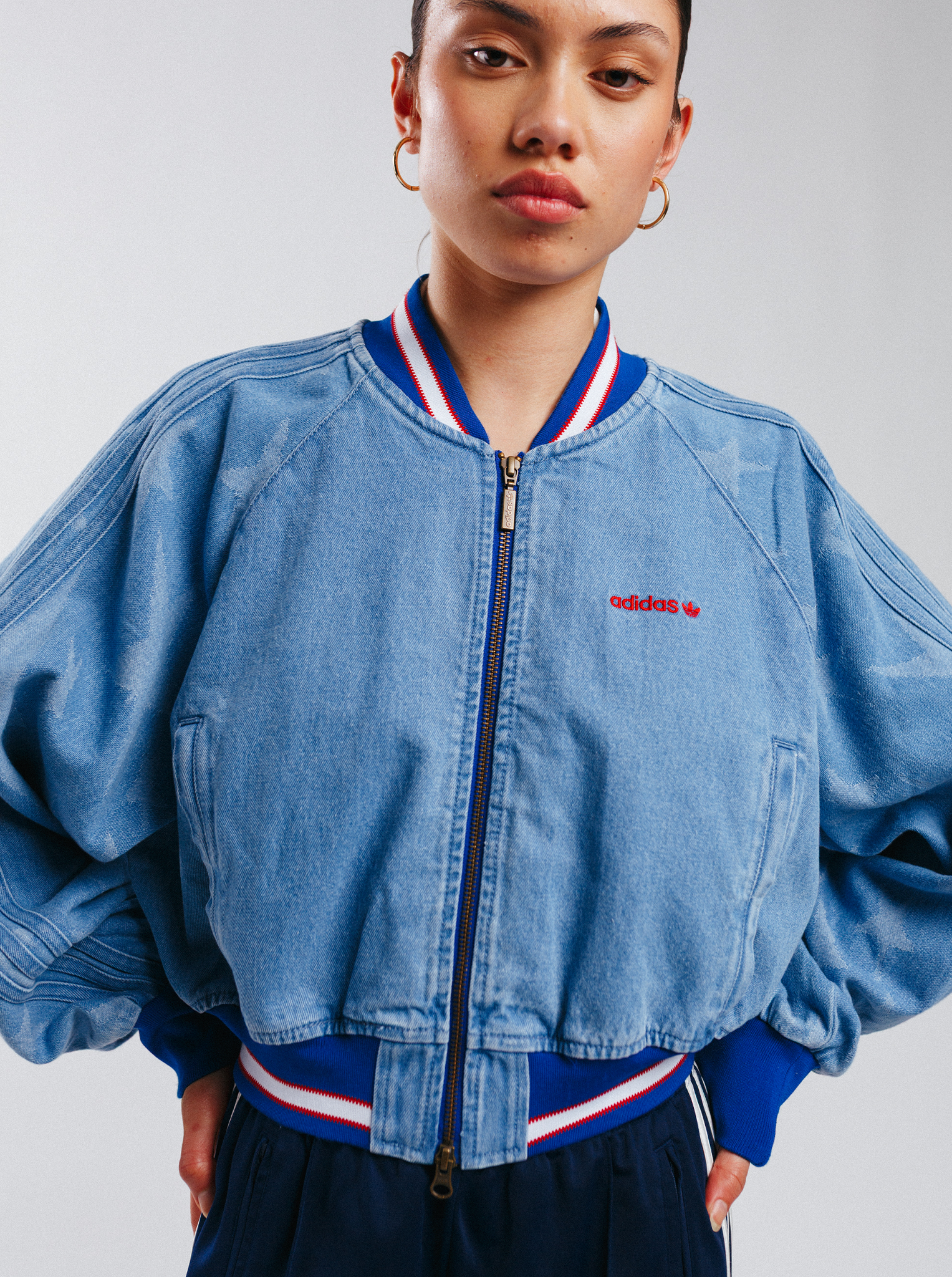 Denim Graphic Varsity Bomber Jacket