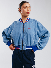 Denim Graphic Varsity Bomber Jacket