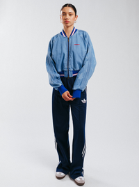 Denim Graphic Varsity Bomber Jacket