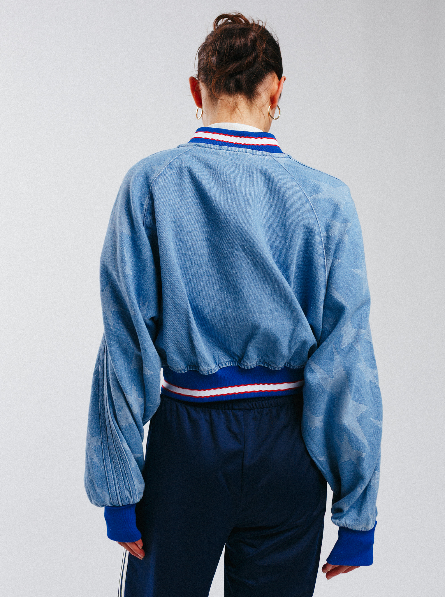 Denim Graphic Varsity Bomber Jacket