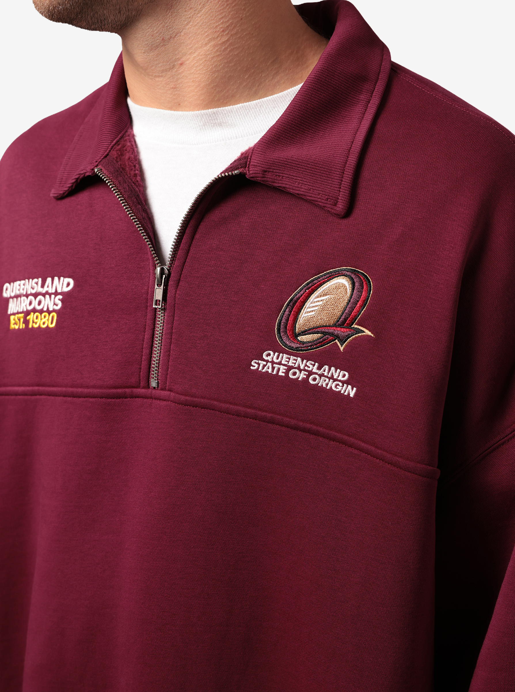 【海外Ｍサイズ】NRL ＱＬＤマルーンズ キャプテンズラン ジャージ Shop Queensland Maroons Oversized 1/4 Zip Crew | Stirling Sports NZ