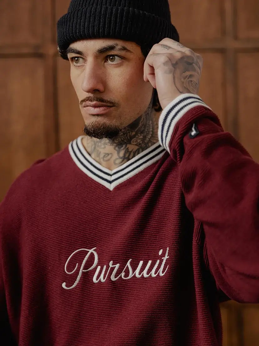 Man wearing Pursuit of Happiness Long Sleeve Formation Jersey mens v neck sweater available on Stirling Sport