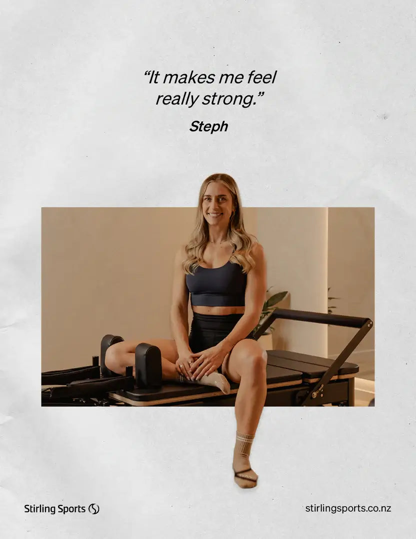 Woman, Steph, on a Pilates reformer, with the quote "It makes me feel really strong."