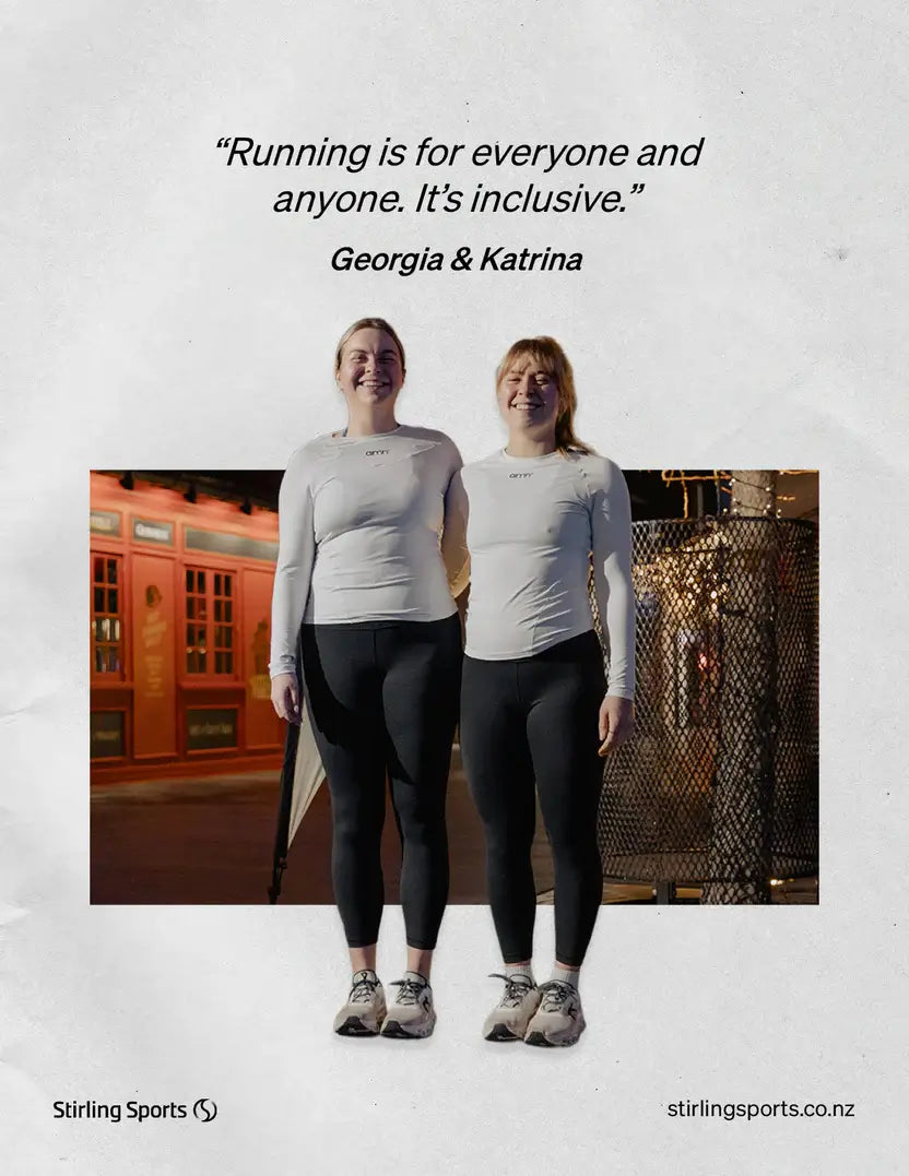 Georgia and Katrina, smiling, promoting inclusivity in running with the quote: "Running is for everyone."
